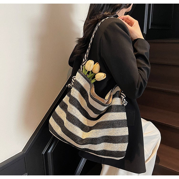 Korean Style Ins Navy Style Stripesd Bag Shoulder Woven Bag Women'S Bag Versatile Vacation Beach Bag