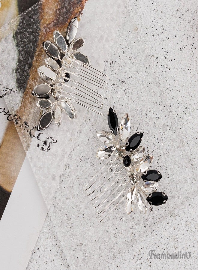 Framendino, 2 Pack Small Black White Rhinestone Crystal Silver Hair Comb Pins for Women Wedding Party - Image 3