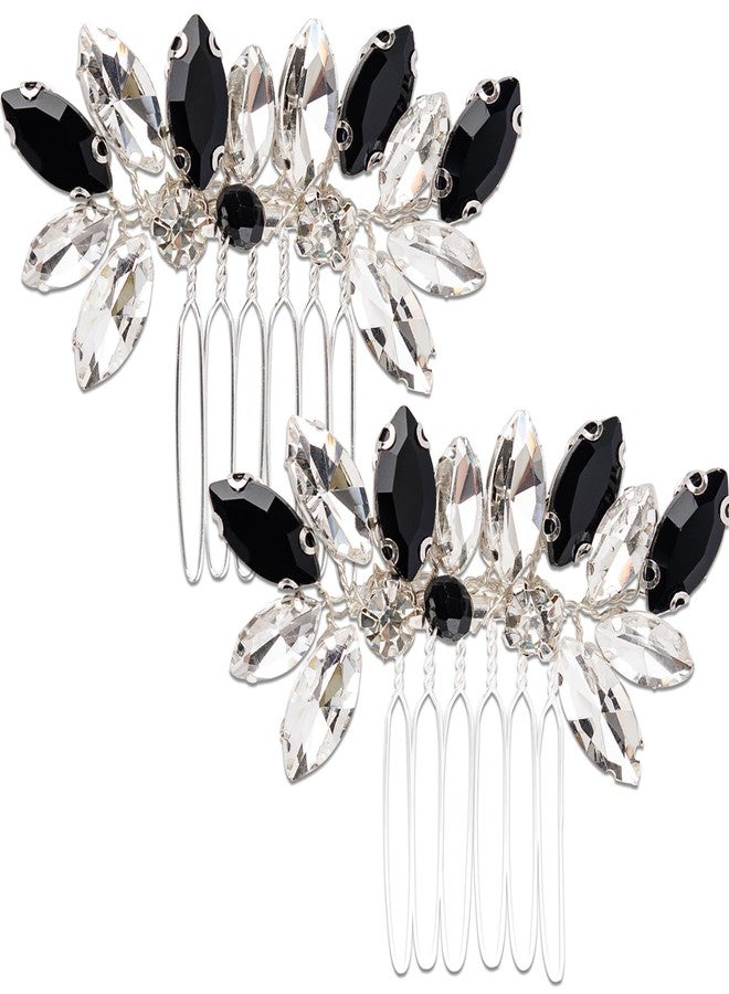 Framendino, 2 Pack Small Black White Rhinestone Crystal Silver Hair Comb Pins for Women Wedding Party - Image 1