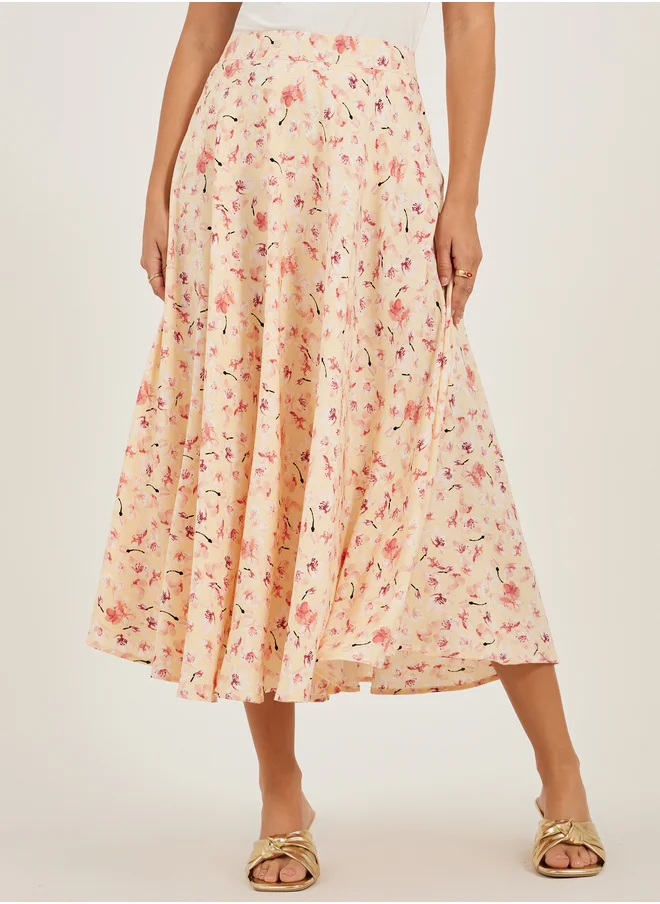 تايك تو Floral Print A-Line Midi Skirt