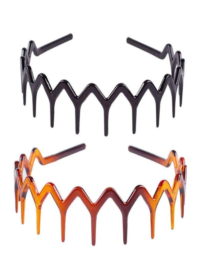 SelHeng 2 Set of Brown and Black Stylish Black And Brown Zig Zag Headbands for Women Men Fashion Headbands - Trendy Shark Tooth Hair Comb Headband Hair Accessories - Image 1