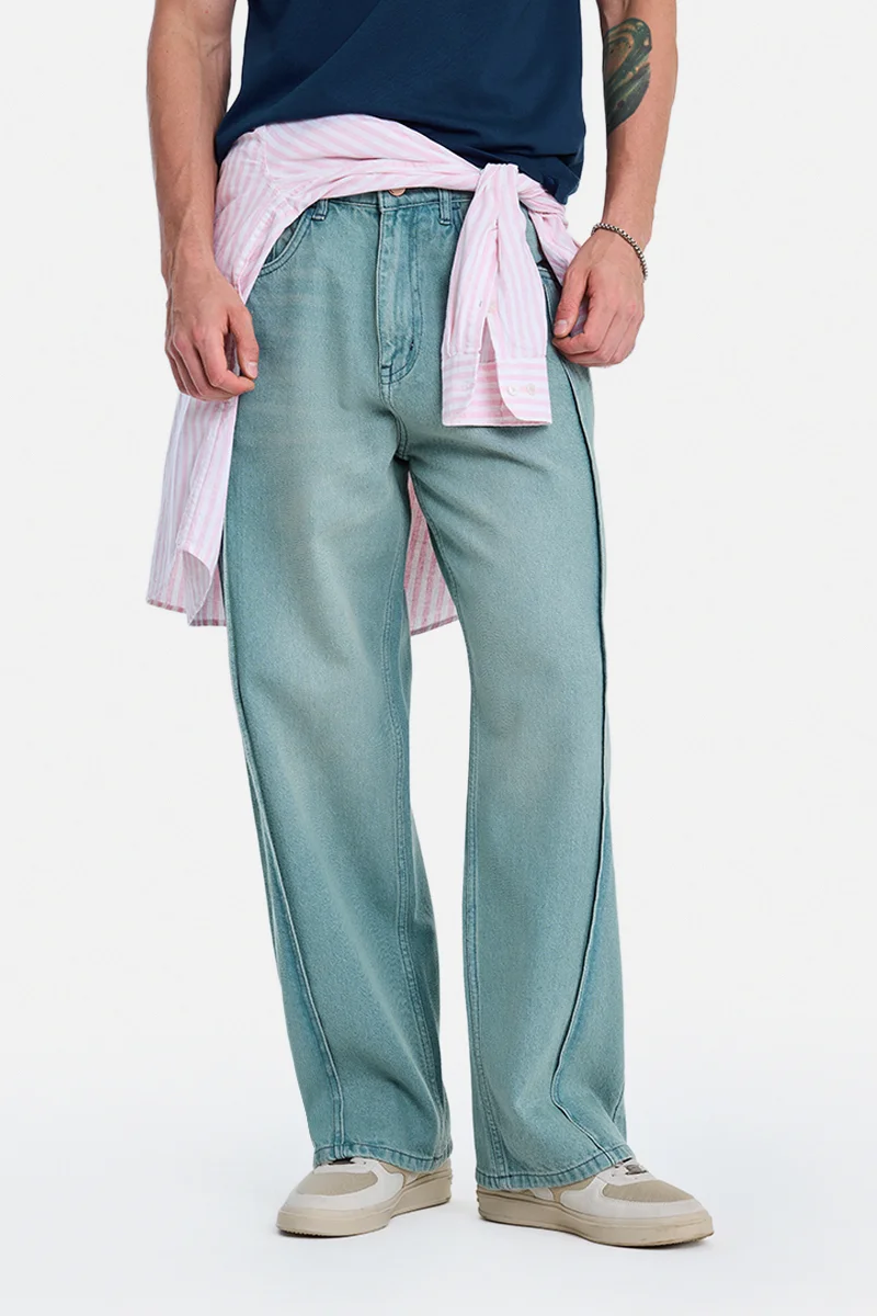 سنيتش Light Blue Solid Wide Leg Streetwear Jeans
