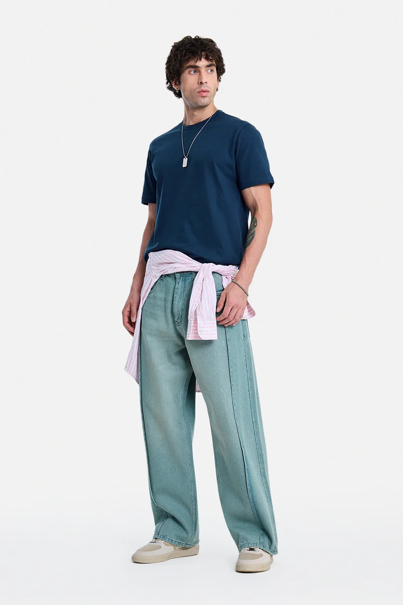 سنيتش Light Blue Solid Wide Leg Streetwear Jeans