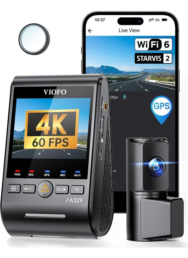 فيوفو - كاميرا لوحة القيادة VIOFO A329 بدقة 4K و60 إطارًا في الثانية، أمامية وخلفية، كاميرا مزدوجة 4K+2K للسيارات، تحكم مدمج بتطبيق Wi-Fi 6، مستشعران STARVIS 2، تدعم تخزين SSD يصل إلى 4 تيرابايت وبطاقة microSD بسعة 512 جيجابايت، HDR ثنائي القناة - Image 1