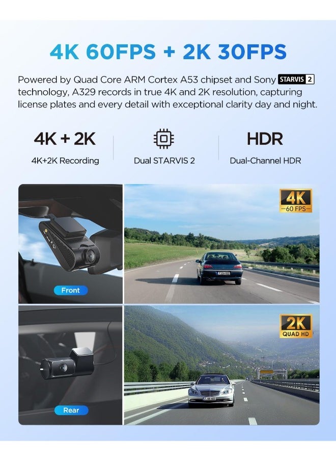 فيوفو - كاميرا لوحة القيادة VIOFO A329 بدقة 4K و60 إطارًا في الثانية، أمامية وخلفية، كاميرا مزدوجة 4K+2K للسيارات، تحكم مدمج بتطبيق Wi-Fi 6، مستشعران STARVIS 2، تدعم تخزين SSD يصل إلى 4 تيرابايت وبطاقة microSD بسعة 512 جيجابايت، HDR ثنائي القناة - Image 1