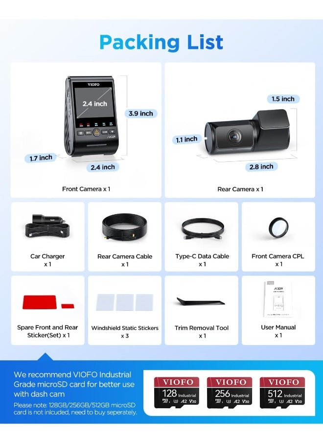 فيوفو - كاميرا لوحة القيادة VIOFO A329 بدقة 4K و60 إطارًا في الثانية، أمامية وخلفية، كاميرا مزدوجة 4K+2K للسيارات، تحكم مدمج بتطبيق Wi-Fi 6، مستشعران STARVIS 2، تدعم تخزين SSD يصل إلى 4 تيرابايت وبطاقة microSD بسعة 512 جيجابايت، HDR ثنائي القناة - Image 1