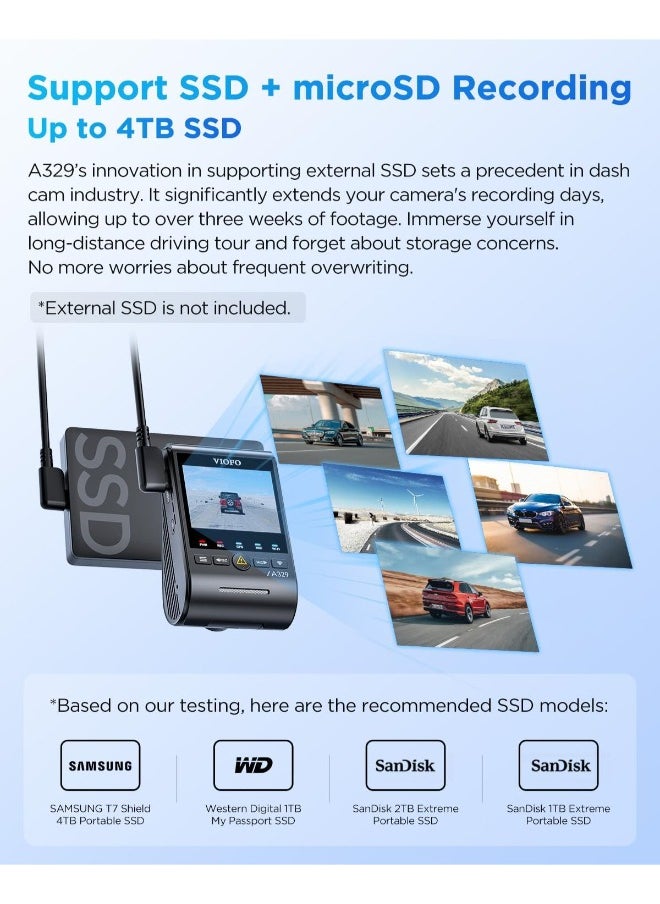 فيوفو - كاميرا لوحة القيادة VIOFO A329 بدقة 4K و60 إطارًا في الثانية، أمامية وخلفية، كاميرا مزدوجة 4K+2K للسيارات، تحكم مدمج بتطبيق Wi-Fi 6، مستشعران STARVIS 2، تدعم تخزين SSD يصل إلى 4 تيرابايت وبطاقة microSD بسعة 512 جيجابايت، HDR ثنائي القناة - Image 1