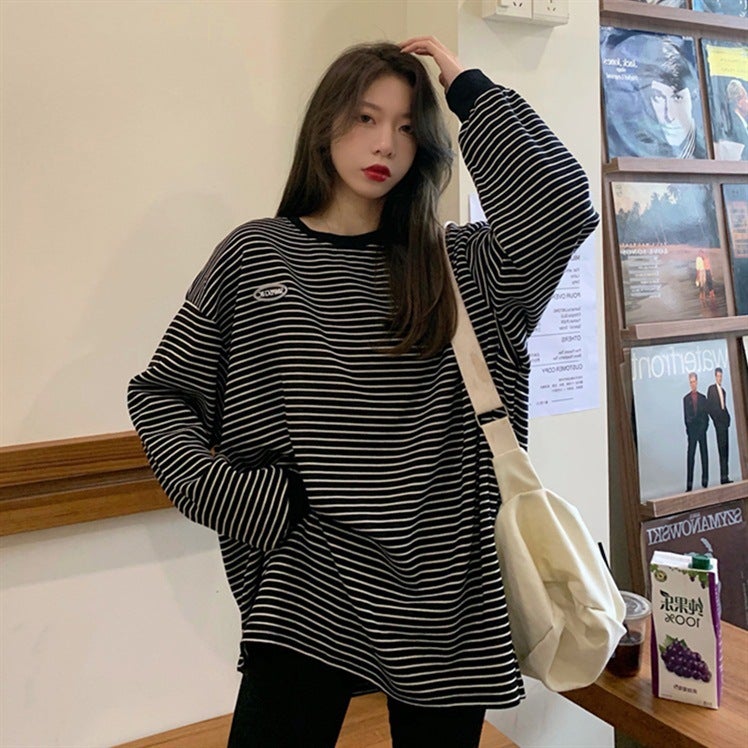 College Style Stripesd T-Shirt For Women 2025 Autum New Korean Style Letter Logo Pullover Loose Slimming Look Round Neck Top - Image 3