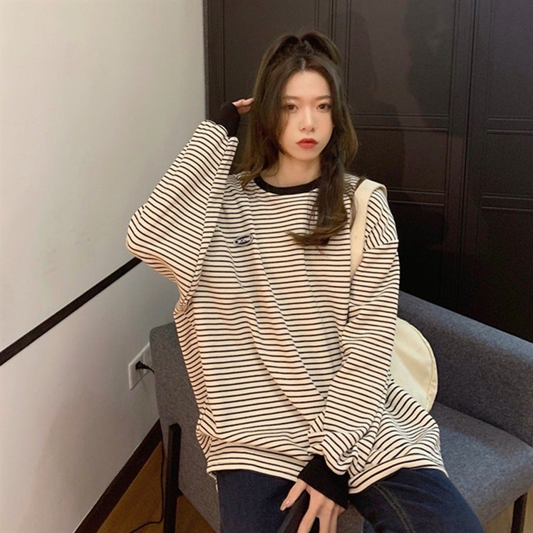 College Style Stripesd T-Shirt For Women 2025 Autum New Korean Style Letter Logo Pullover Loose Slimming Look Round Neck Top - Image 2