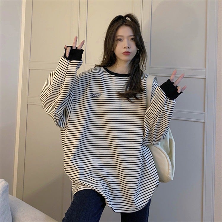 College Style Stripesd T-Shirt For Women 2025 Autum New Korean Style Letter Logo Pullover Loose Slimming Look Round Neck Top - Image 1