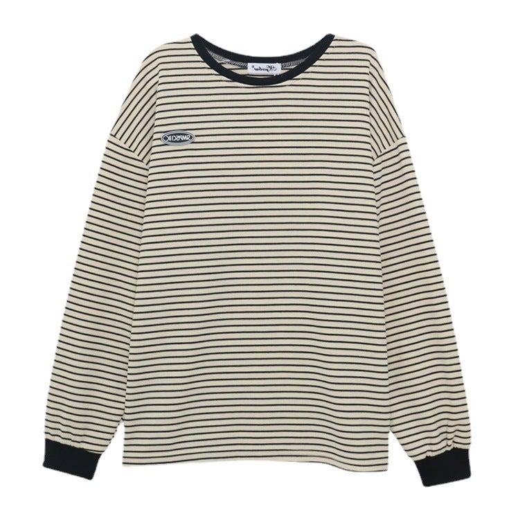 College Style Stripesd T-Shirt For Women 2025 Autum New Korean Style Letter Logo Pullover Loose Slimming Look Round Neck Top - Image 5