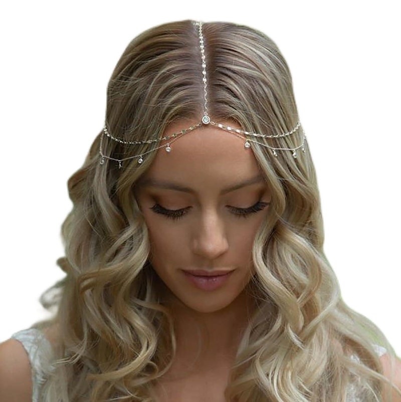 STONEFANS Rhinestone Head Chain Silver Bride Headpiece Wedding Headbands Chain Layered Festival Prom Hair Accessories for Women And Girls silver