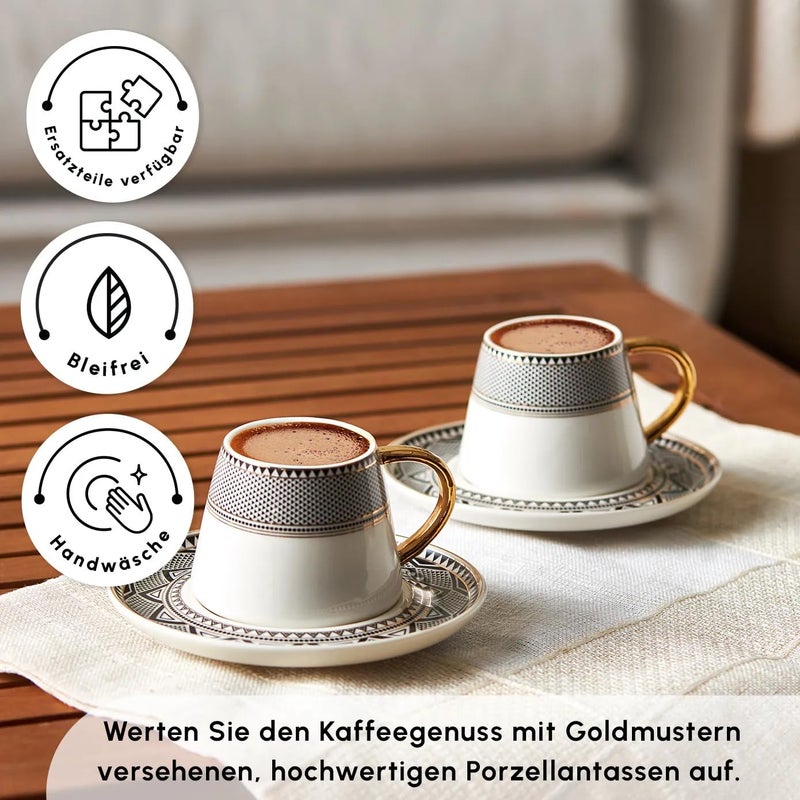 KARACA Globe Turkish Coffee Cup Set of 6, 80ml, 2.7 oz, Small Espresso Cups with Saucers, Porcelain, Black Patterns, and Gold Handles, Ideal for Serving Greek, Arabic Coffee - Image 2
