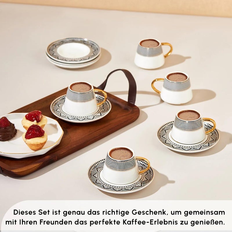 KARACA Globe Turkish Coffee Cup Set of 6, 80ml, 2.7 oz, Small Espresso Cups with Saucers, Porcelain, Black Patterns, and Gold Handles, Ideal for Serving Greek, Arabic Coffee - Image 3