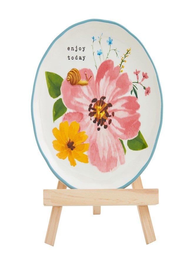 Mud Pie Pink Floral Plate In Easel; assembled 9" x 7"