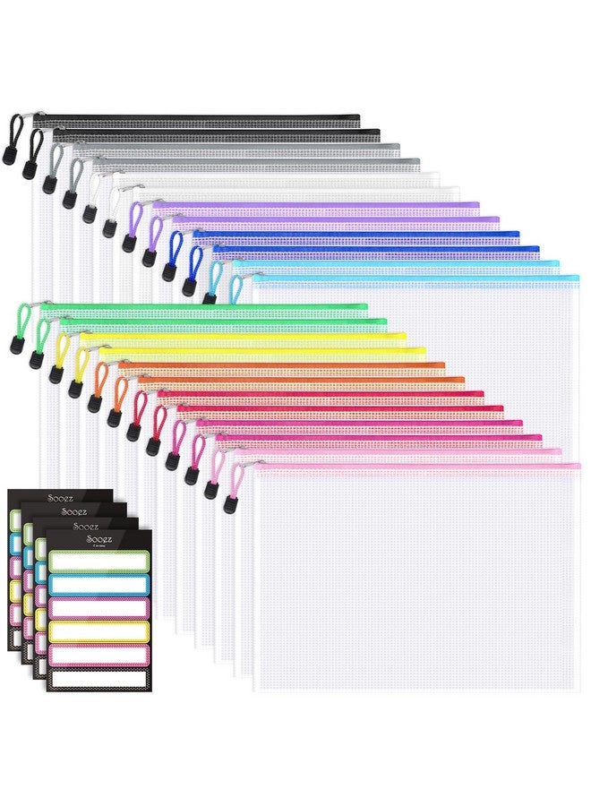 Sooez 24 Pack Mesh Zipper Pouch With Sticky Labels, A4 Size Mesh Bags For Board Game & Puzzles Organizing Storage, Durable Letter Size File Bags For Office Classroom Organization, 12 Assorted Colors  - Image 1