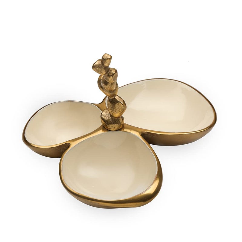 Decor de Maison Brings Handcrafted Stones Servingware-Triple Bowl Platter for Kitchen, Coffee Table & Dining|Serve Tray for Gifting & Home Decor|Serving Platter for Snack in Gold & Ivory(28x23x17cm) - Image 4
