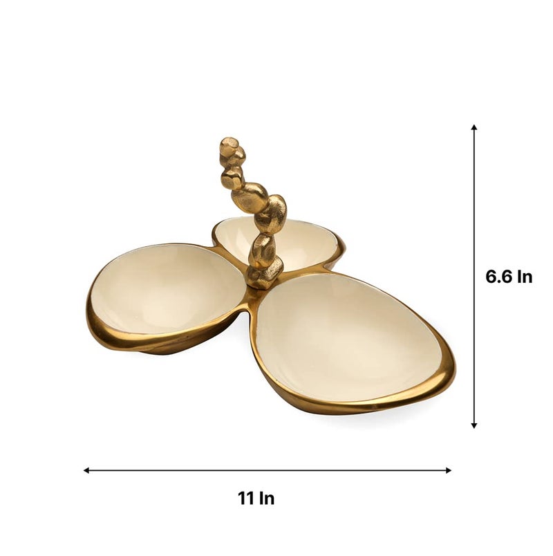 Decor de Maison Brings Handcrafted Stones Servingware-Triple Bowl Platter for Kitchen, Coffee Table & Dining|Serve Tray for Gifting & Home Decor|Serving Platter for Snack in Gold & Ivory(28x23x17cm) - Image 5