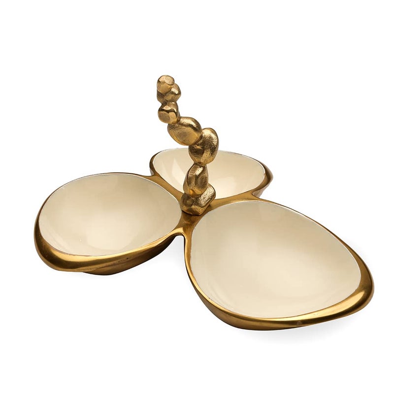 Decor de Maison Brings Handcrafted Stones Servingware-Triple Bowl Platter for Kitchen, Coffee Table & Dining|Serve Tray for Gifting & Home Decor|Serving Platter for Snack in Gold & Ivory(28x23x17cm) - Image 1