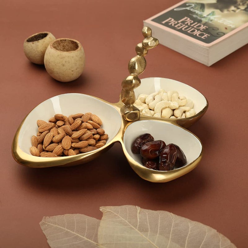 Decor de Maison Brings Handcrafted Stones Servingware-Triple Bowl Platter for Kitchen, Coffee Table & Dining|Serve Tray for Gifting & Home Decor|Serving Platter for Snack in Gold & Ivory(28x23x17cm) - Image 2