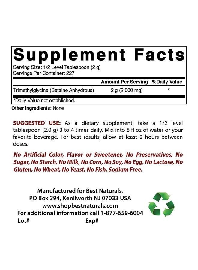 Best Naturals بيتاين أنهدروس تريميثيل غليسين (TMG) مسحوق نقي 1 رطل (1 LB (عبوة من 1)) - Image 1