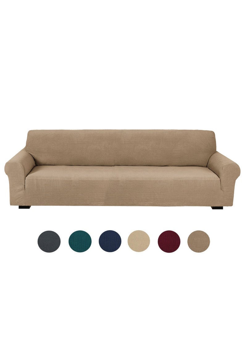 Fabienne Stretch Fit 4-Seater Sofa Cover Soft Brushed Fabric Couch Cover Exquisitely Full Coverage Furniture Protector Slipcover Four Seater Fits on Standard and Recliner Sofa 235-300cm Size Sand Beige  - Image 1