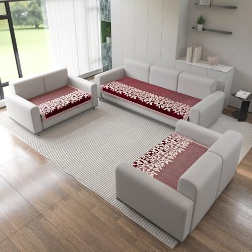 Nendle Refined Velvet Floral Sofa Mat 7 Seater Set Cover Elegant and Durable Protector for Living Room Sofa Set 3+2+2, Suitable for Wooden, Leather, Other Fabric Sofa Set (Color Maroon, Pack of 3) - Image 1