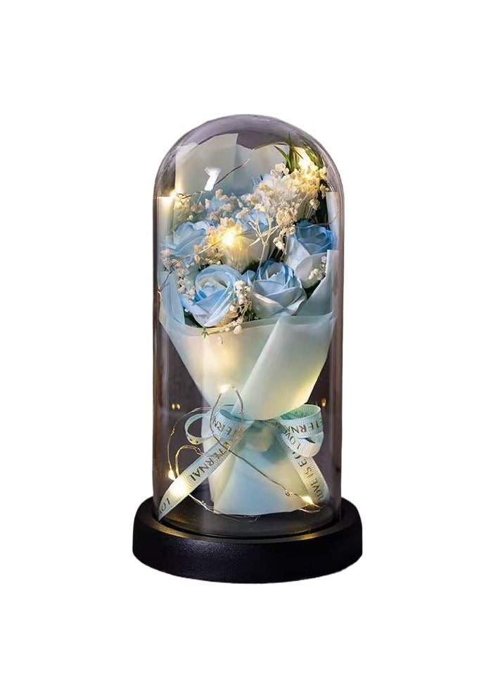 Generic Flowers Gifts For Her Mom Women Preserved Forever Fresh Flowers Bouquet With Blue And White Roses In Glass Dome，Soap Flower，21*11.5*11.5cm  - Image 1