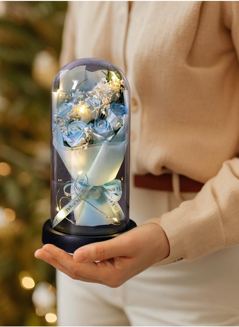 Generic Flowers Gifts For Her Mom Women Preserved Forever Fresh Flowers Bouquet With Blue And White Roses In Glass Dome，Soap Flower，21*11.5*11.5cm  - Image 5