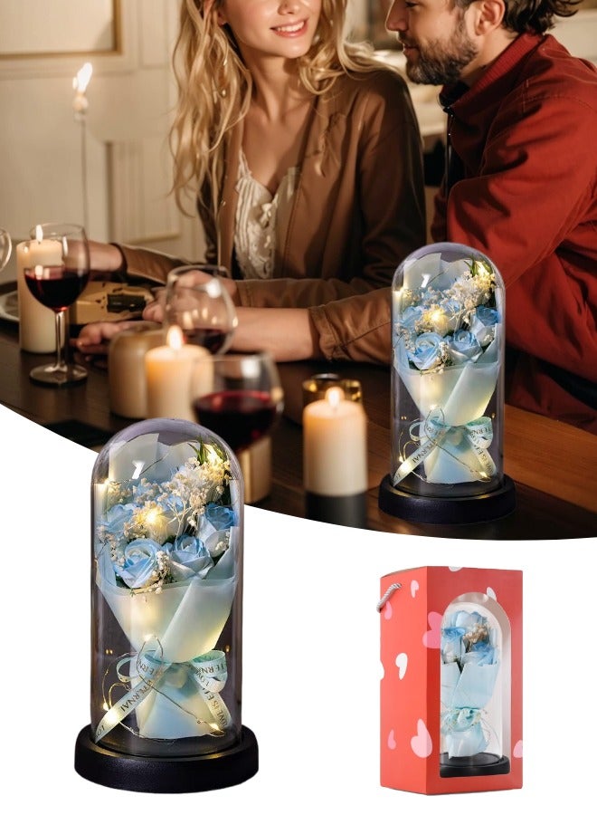 Flowers Gifts For Her Mom Women Preserved Forever Fresh Flowers Bouquet With Blue And White Roses In Glass Dome，Soap Flower，21*11.5*11.5cm - Image 1