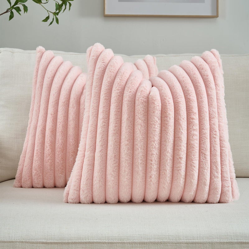 FUTEI Pink Striped Decorative Throw Pillow Covers 20x20 Inch Set of 2Square Fall Decorations Couch Pillow CaseSoft Cozy Faux Rabbit Fur Velvet BackModern Home Decor for Bed