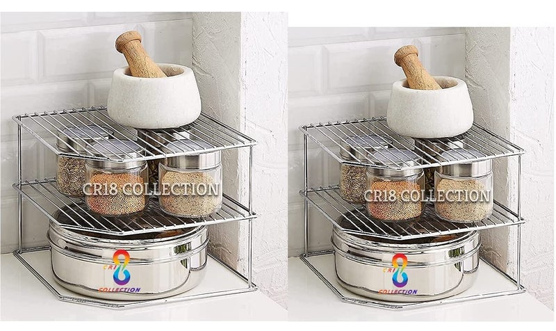 CR18 COLLECTION Combo 2pcs Multipurpose Stainless Steel 3-Tier Storage Rack for Corners, Multipurpose Stainless Steel Kitchen Plate Dish Corner Shelf Rack Stand Holder(Combo 2pcs) - Image 1