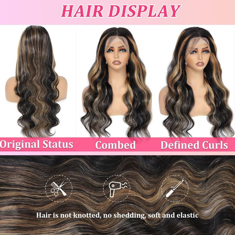 Juvid Balayage Wig Human Hair 13X6 HD Ombre Lace Front 200% Density FB/27 Body Wave Highlight Glueless Wig Pre Plucked Black and Honey Blonde Wigs for Black Women 26inch - Image 4