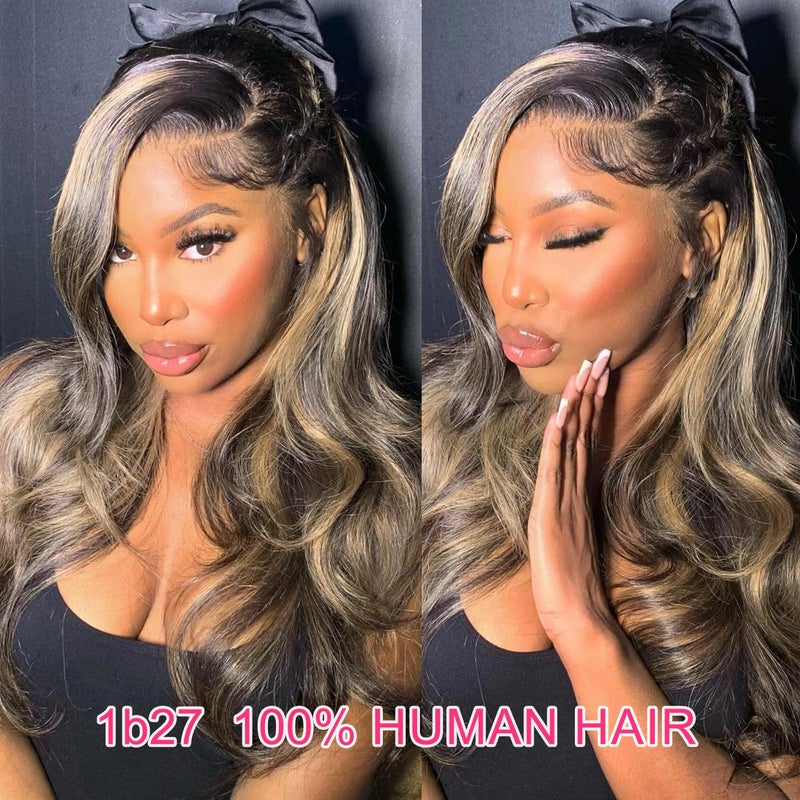 Juvid Balayage Wig Human Hair 13X6 HD Ombre Lace Front 200% Density FB/27 Body Wave Highlight Glueless Wig Pre Plucked Black and Honey Blonde Wigs for Black Women 26inch - Image 2