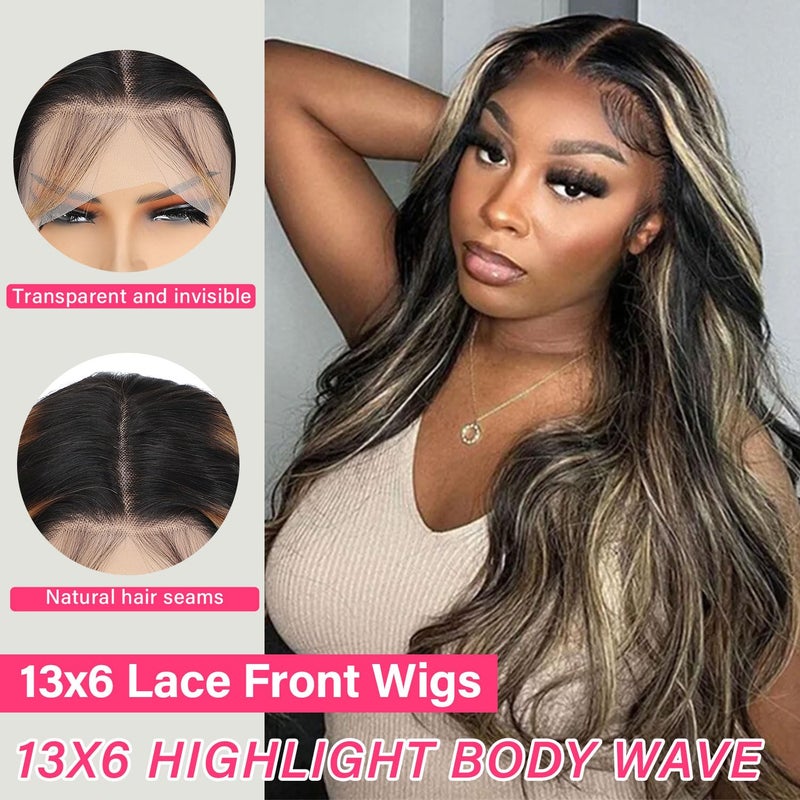 Juvid Balayage Wig Human Hair 13X6 HD Ombre Lace Front 200% Density FB/27 Body Wave Highlight Glueless Wig Pre Plucked Black and Honey Blonde Wigs for Black Women 26inch - Image 3