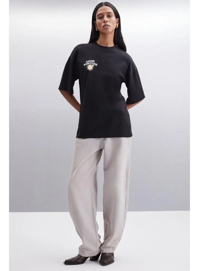 GRIMELANGE Enya Women's Printed Oversize Fit Loose Crew Neck 100% Organic Cotton Black T-Shirt