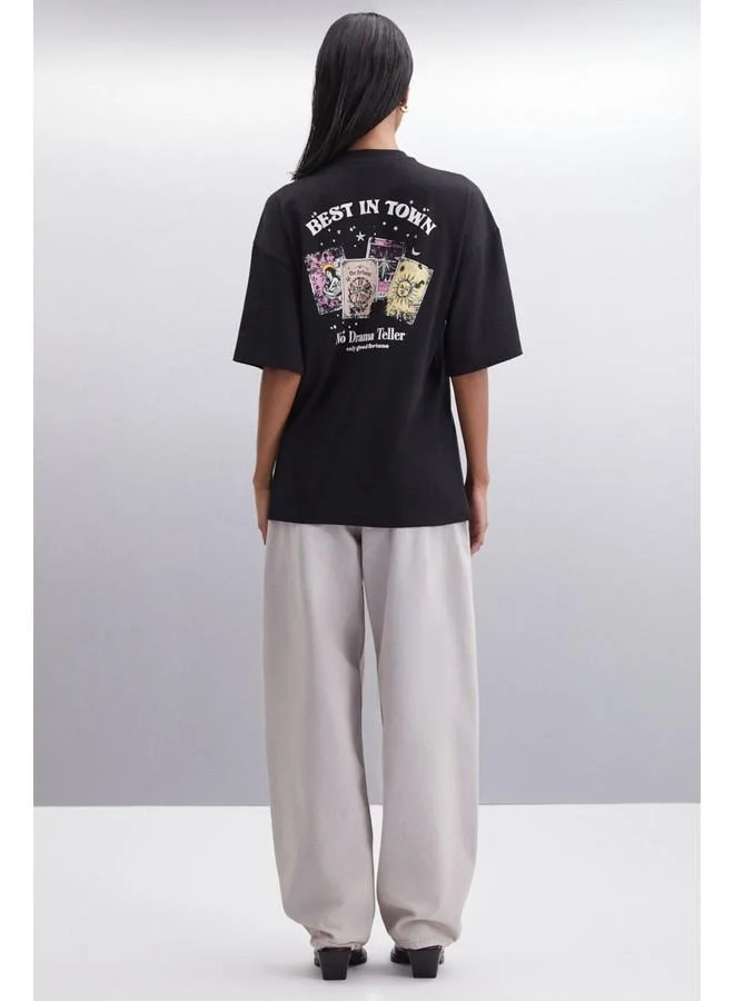 GRIMELANGE Enya Women's Printed Oversize Fit Loose Crew Neck 100% Organic Cotton Black T-Shirt