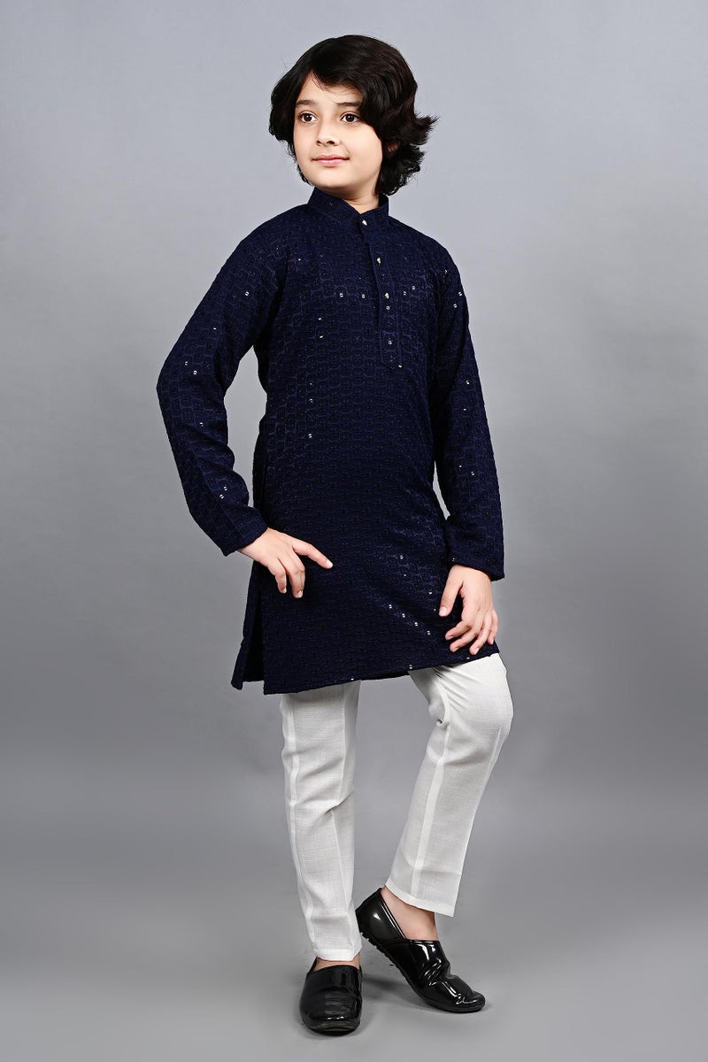 AHHAAAA Kids Indian Ethnic Wear Full Sequin Embroidery Mirror Work Kurta Pajama Set for Baby & Boys - Image 4