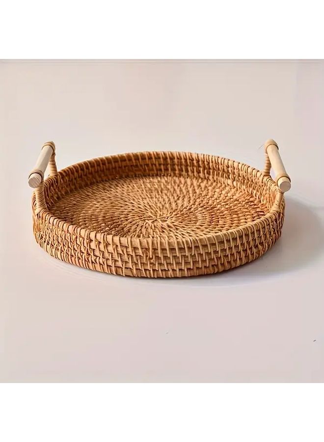 Natural Handmade Bamboo Round Tray Double Handles 9.45 Inches Woven Fruit Basket Kitchen Snack Server - Image 1