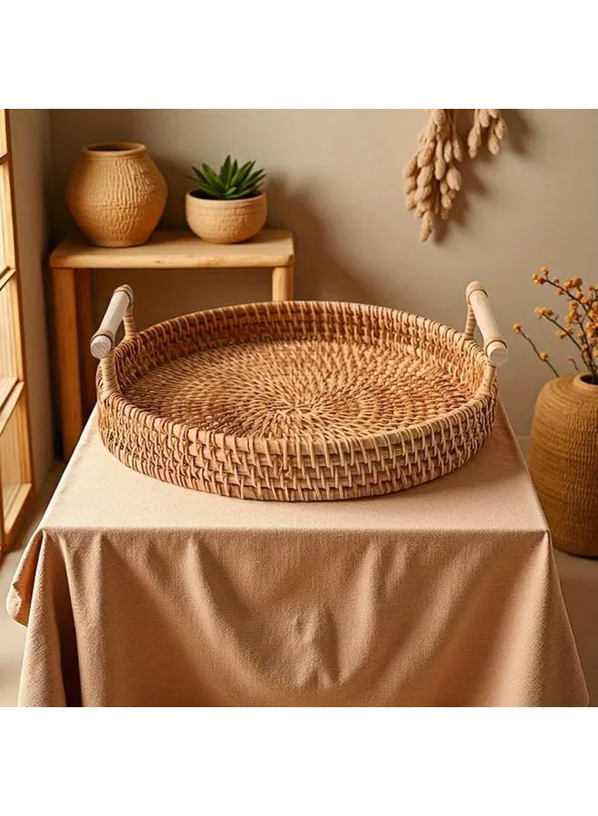 Natural Handmade Bamboo Round Tray Double Handles 9.45 Inches Woven Fruit Basket Kitchen Snack Server - Image 4