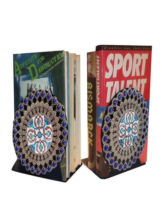 Pictor Gift مساند كتب Pictor Gift على شكل بلاط عثماني، مساند كتب لحمل الكتب للمكتب والمنزل، مساند كتب معدنية متينة للرفوف، مانعة للانزلاق، دعامات، حامل رف الكتب، زوجان (أزرق رقم 1) - Image 2
