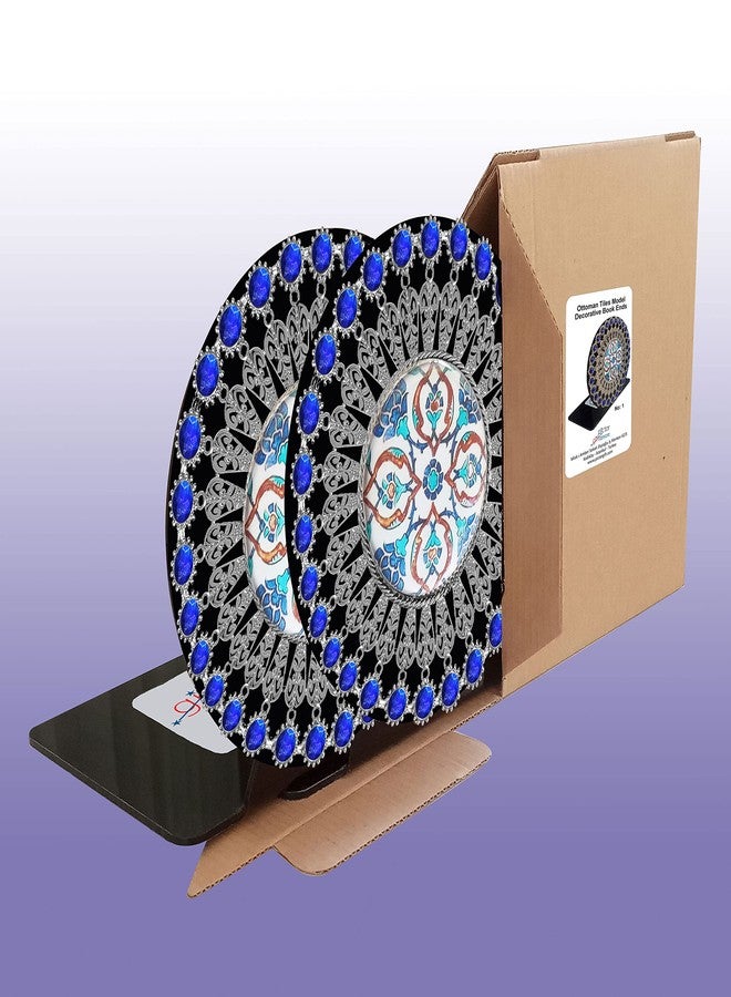 Pictor Gift مساند كتب Pictor Gift على شكل بلاط عثماني، مساند كتب لحمل الكتب للمكتب والمنزل، مساند كتب معدنية متينة للرفوف، مانعة للانزلاق، دعامات، حامل رف الكتب، زوجان (أزرق رقم 1) - Image 3