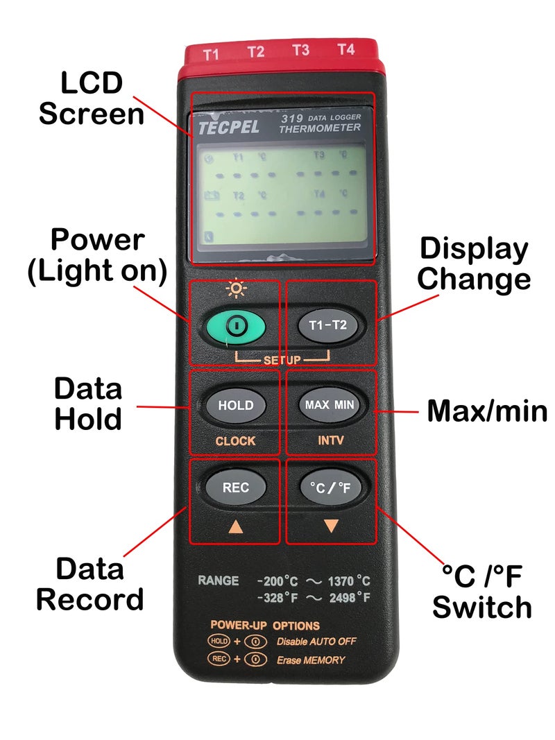 TECPEL DTM-319 Four Channel Type-K Thermocouple Data Logger Thermometer Taiwan-Made (TPK-01 4pc Included) - Image 2
