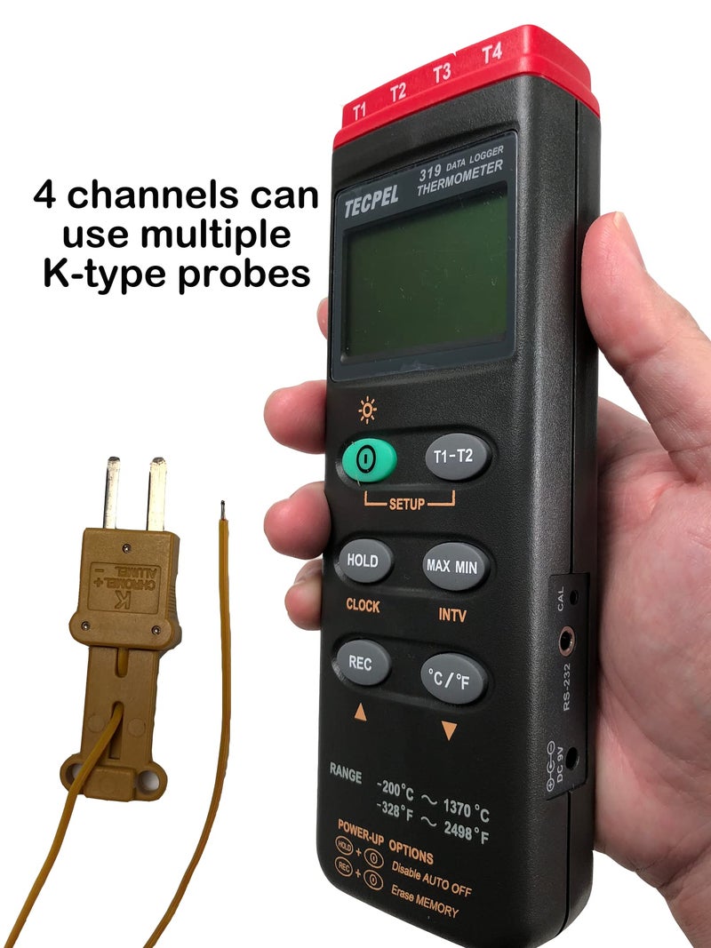 TECPEL DTM-319 Four Channel Type-K Thermocouple Data Logger Thermometer Taiwan-Made (TPK-01 4pc Included) - Image 3