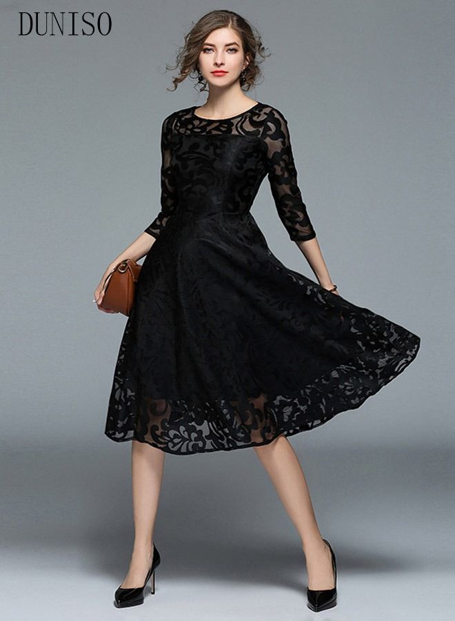 DUNISO Womens Evening Dress Lace Round Neck Dress for Wedding Party Three-quarter Sleeve A Line Knee Length Dresses Womens Banquet Party Dress Bridesmaid Dress - Image 1