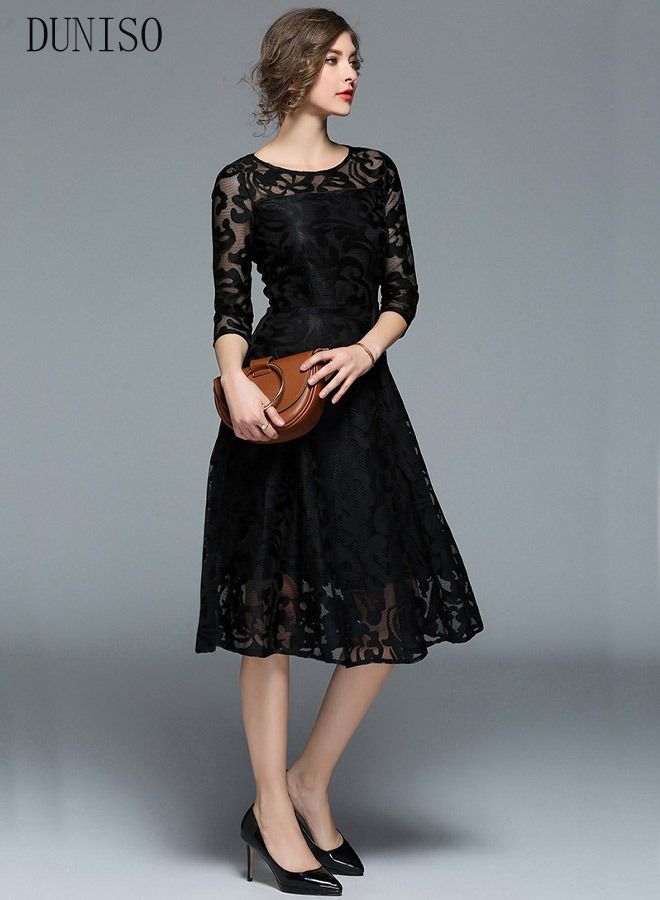 DUNISO Womens Evening Dress Lace Round Neck Dress for Wedding Party Three-quarter Sleeve A Line Knee Length Dresses Womens Banquet Party Dress Bridesmaid Dress - Image 3