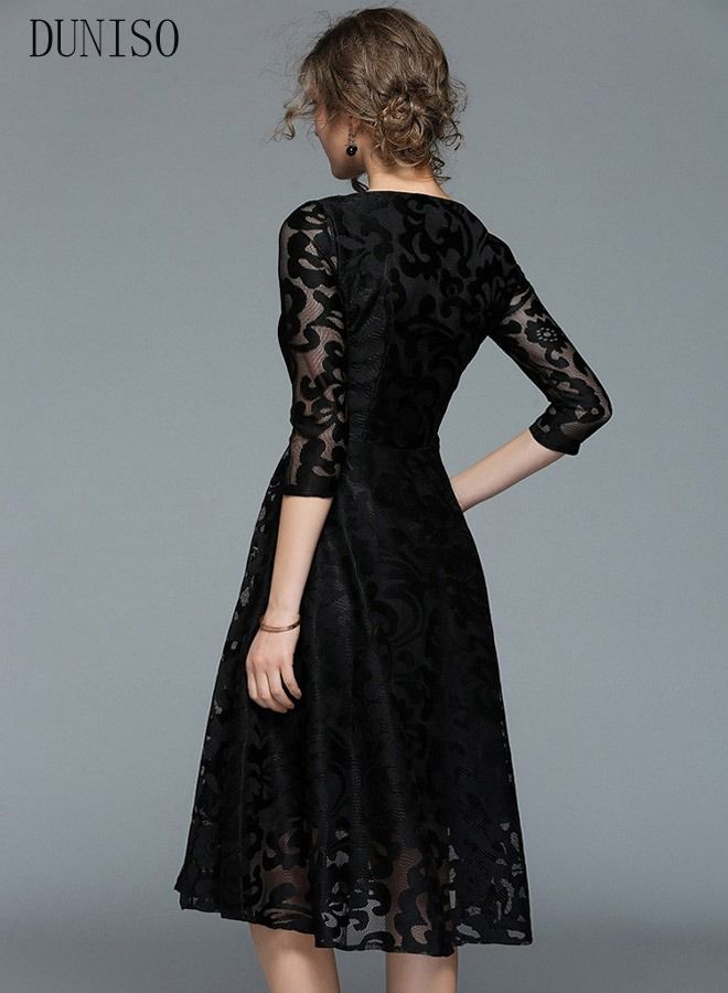 DUNISO Womens Evening Dress Lace Round Neck Dress for Wedding Party Three-quarter Sleeve A Line Knee Length Dresses Womens Banquet Party Dress Bridesmaid Dress - Image 2