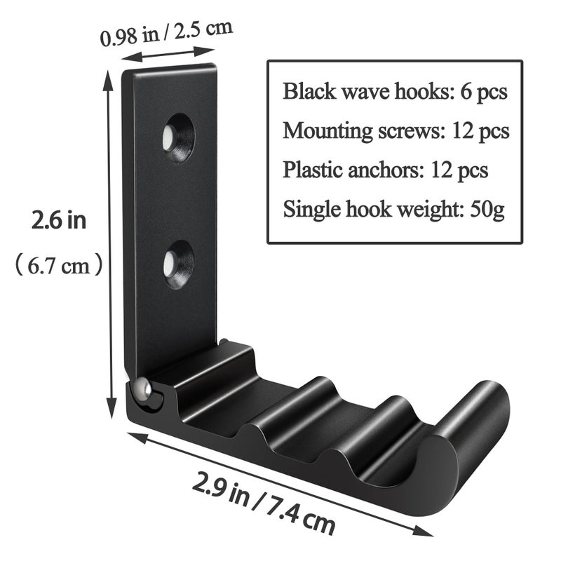 OHIYO 6 PCS Heavy Duty Folding Wall Hooks, Sturdy Black Wall Mounted Hooks for Coats, Towels, Backpacks, Bags, Space Saving Wave Design for Living Room, Bedroom Organization - Image 2