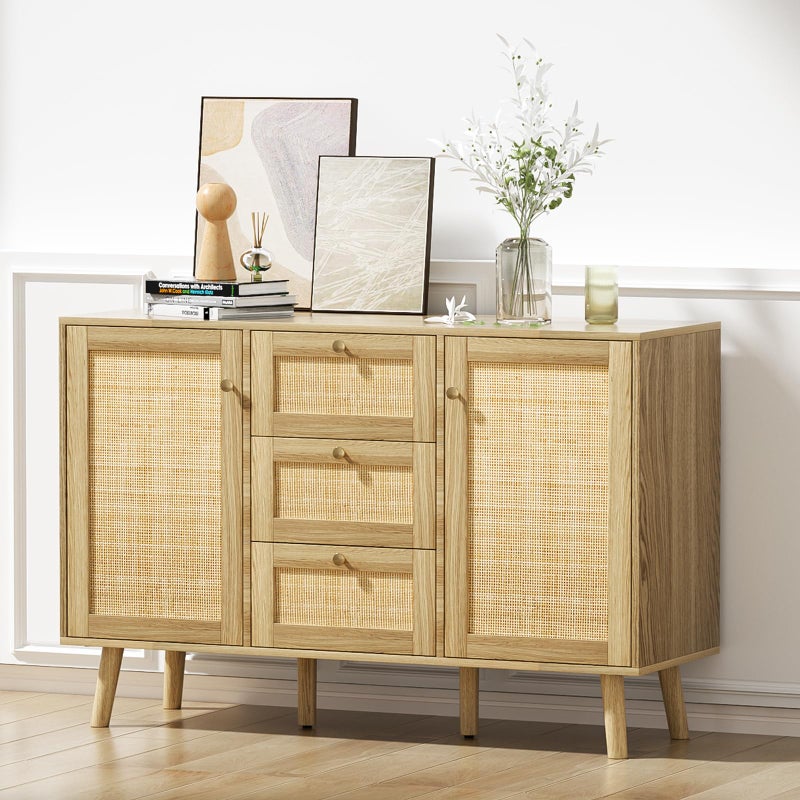 Giluta Giluta Sideboard Buffet Cabinet 3 Drawers Cabinet with 2 Doors Boho Accent Storage Cabinet Living Room Cupboard Console Table with Adjustable Shelves for Kitchen 