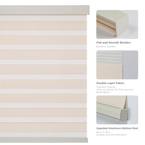 Joydeco Cordless Zebra Blinds Pro Dual Layer Light Control Zebra Blinds for Windows LightProof Aluminum Cover FreeStop Roller Shades for Home Office Beige345 W x 75 H - Image 3